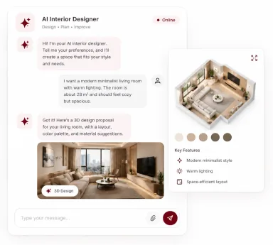 Giofadhil AI assistant and design product screenshot.